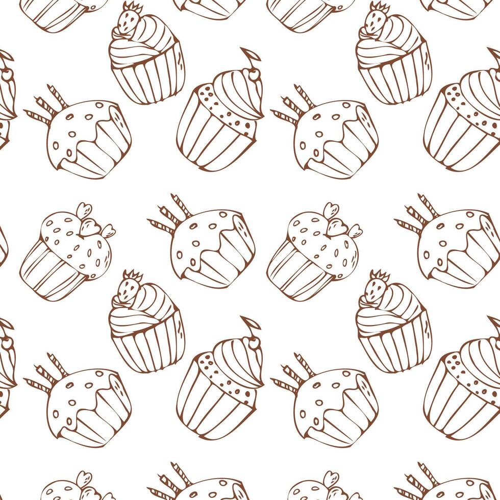 Doodle cupcake with candle outline background for banner. Vector illustration isolated. Pattern can used for greeting card, invitation, menu background, poster, textile, wrapping paper.