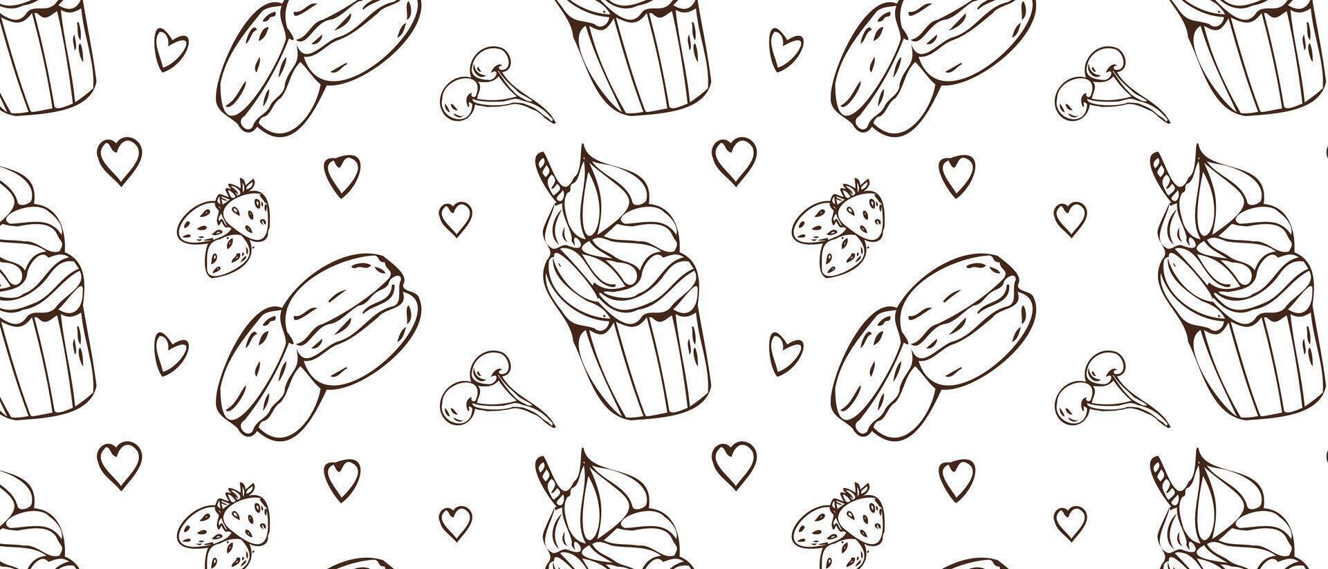 Hand drawn cupcake and macaroons, cherry, strawberry, hearts background. Vector illustration isolated. Pattern can used for greeting card, invitation, menu background, poster, textile, wrapping paper