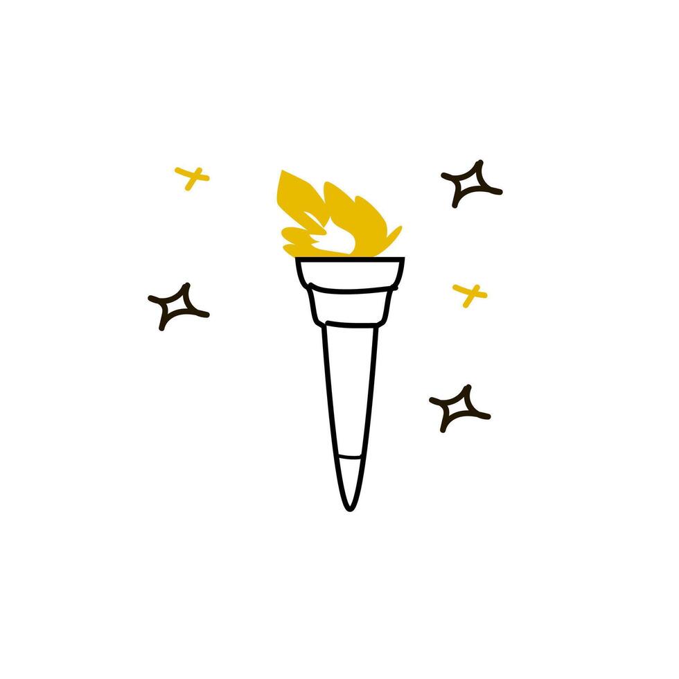 burning torch vector icon as sport symbol. Vector illustration isolated. Doodle Hand drawn torch icon with stars.