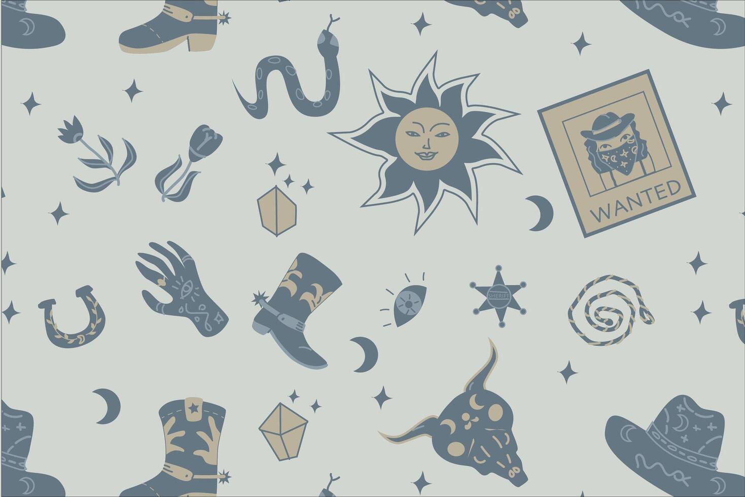 Hand drawn western boho background with cowboy elements. Vector illustration with magical and western elements. Can used for textile, wrapping paper, poster.