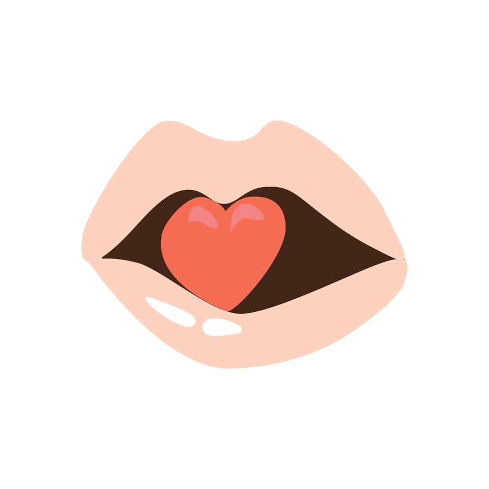 cartoon pink lips with hearts candy isolated. Vector illustration