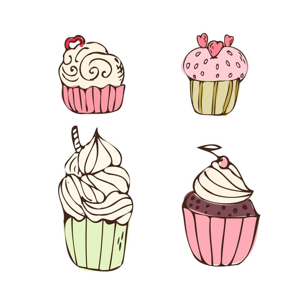 Doodle cupcakes with cream - sweet food icon isolated. Vector illustration can used for bakery background, invitation card, poster, textile, banner, greeting card, invitation card, bakery design