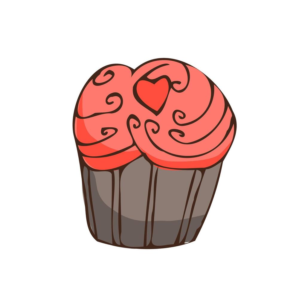 Doodle cupcake - sweet food with heart icon isolated. Vector illustration can used for bakery background, invitation card, poster, textile, banner, greeting card, invitation card, bakery design