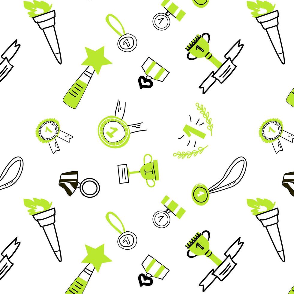 Hand drawn doodle awards design background with green elements. Vector illustration with outline and colors elements - cups, burning torch, medals.