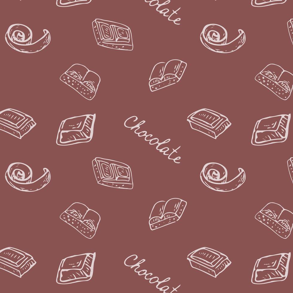 Hand drawn chocolate background outline on brown backdrop. Vector illustration can used for chocolate products wrapping, packaging, poster, food background.