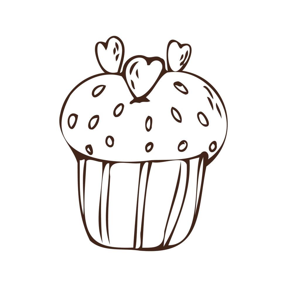 Doodle cupcake and hearts - sweet food icon isolated. Vector illustration can used for bakery background, invitation card, poster, textile, banner, greeting card, invitation card, bakery design