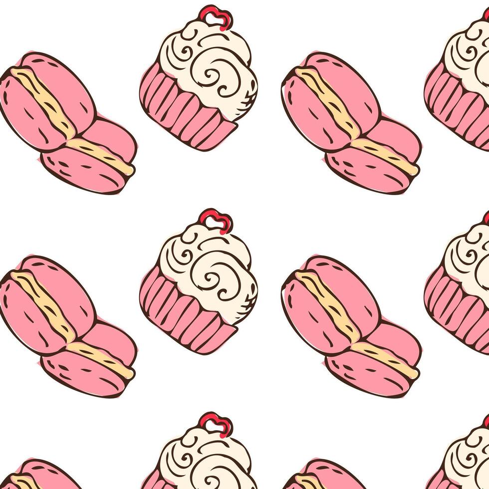 Hand drawn pink cupcake and macaroons background for bakery. Vector illustration isolated. Pattern can used for greeting card, invitation, menu background, poster, textile, wrapping paper, celebration banner