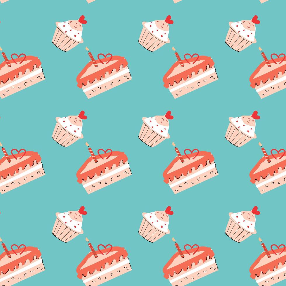 Pink cake and muffin cupcake seamless pattern with heart. Vector illustration on blue backdrop.