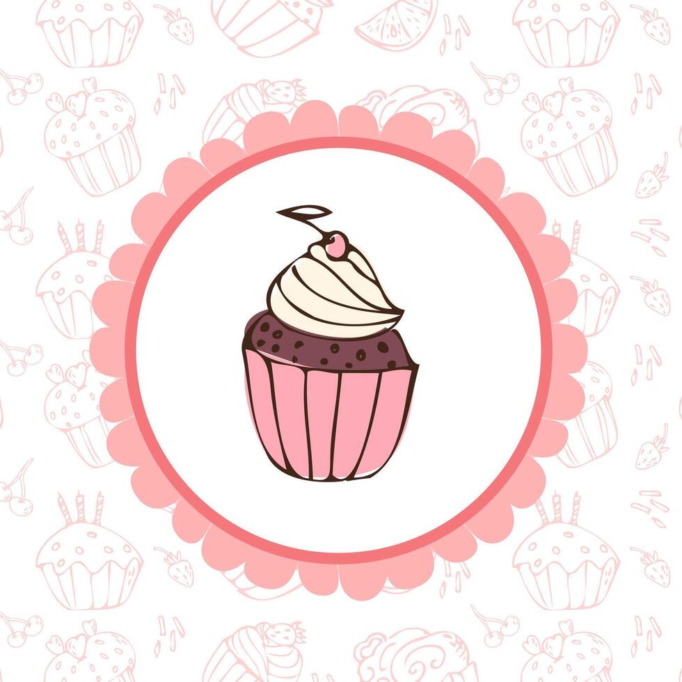 cute cupcake background template for bakery. Vector illustration with outline doodle pink cupcake background and label with muffin icon with cherry. Hand drawn sketch food pattern for bakery. Vintage style.