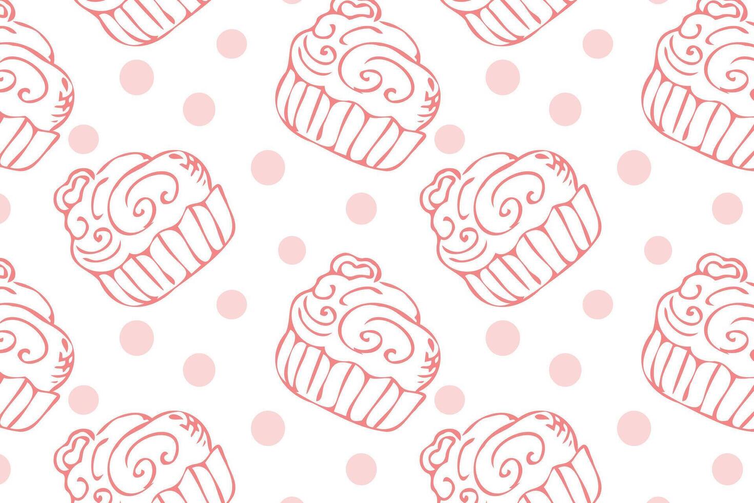 Hand drawn pink cupcake and dots outline doodle background for bakery. Vector illustration isolated. Pattern can used for greeting card, invitation, menu background, poster, textile, wrapping paper, celebration banner