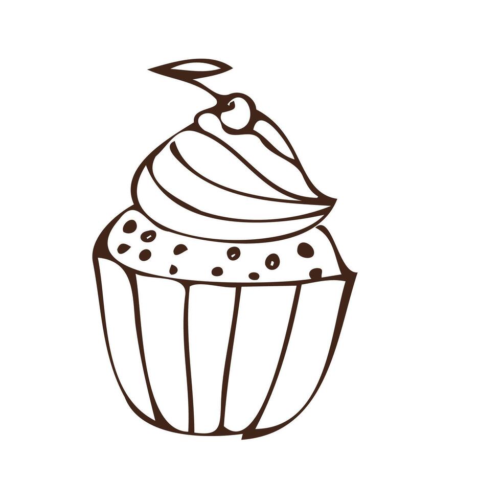 Doodle cupcake - sweet food icon with cream and cherry isolated. Vector illustration outline can used for bakery background, invitation card, poster, textile, bakery design