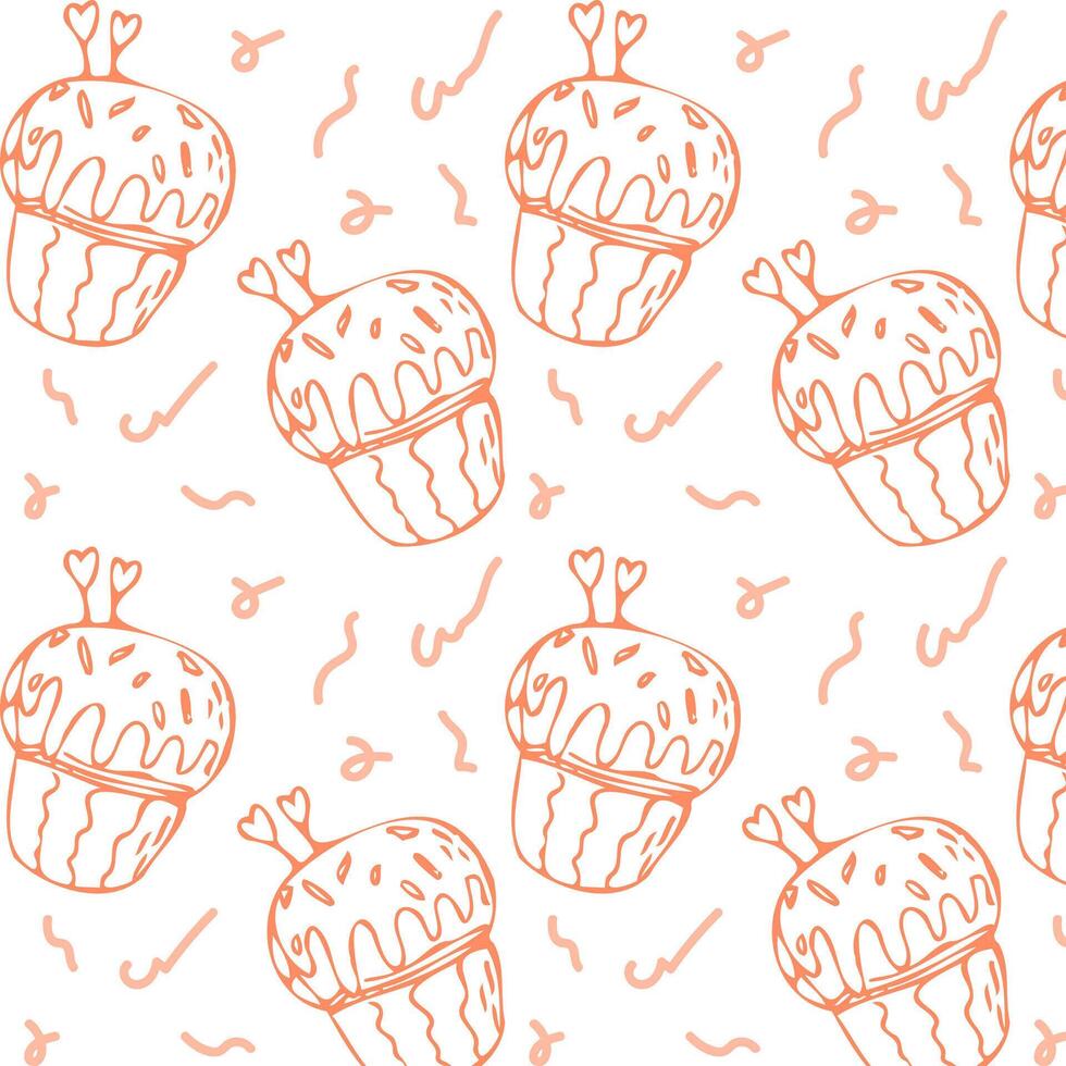 Hand drawn pink cupcake outline background with hearts. Vector illustration isolated. Pattern can used for greeting card, invitation, menu background, poster, textile, wrapping paper, banner