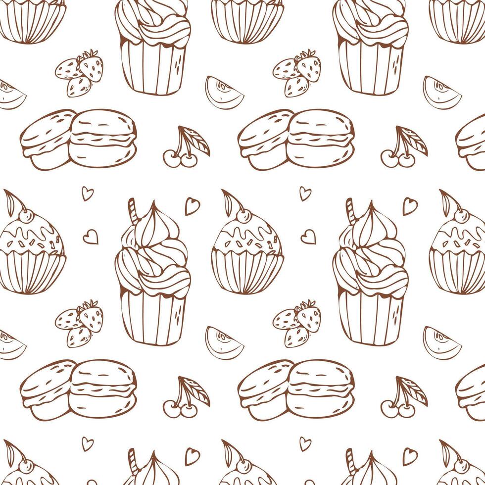 Hand drawn doodle cupcake outline pattern. Vector illustration isolated. Pattern can used for greeting card, invitation, menu background, poster, textile, wrapping paper, celebration banner