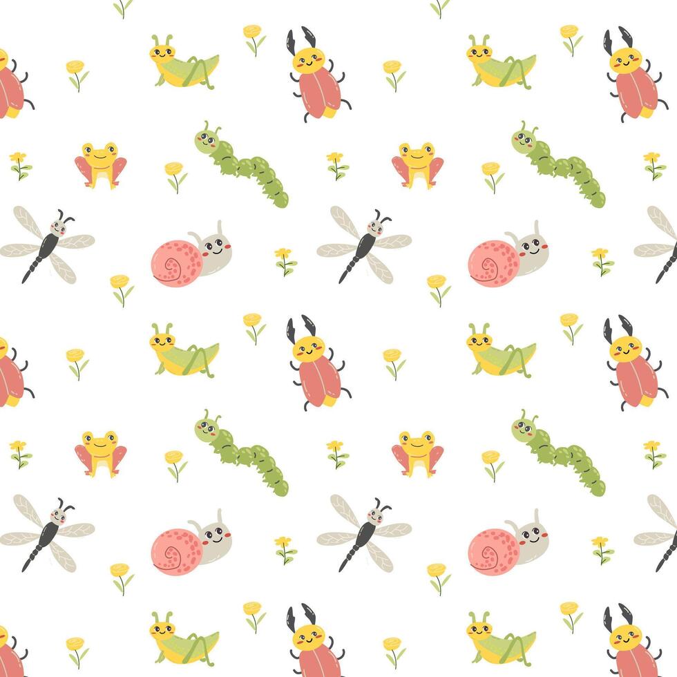 Cute cartoon snail, frog and beetle bug background. Vector illustration for textile, wrapping paper, clothes, wallpaper, summer poster. Cute animal caterpillar and snail characters on seamless pattern