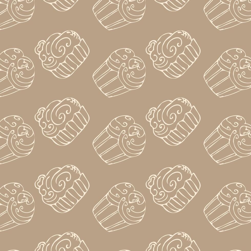 Sketch doodle cupcake outline background for bakery. Vector illustration on brown background. Pattern can used for greeting card, invitation, menu background, poster, textile, wrapping paper