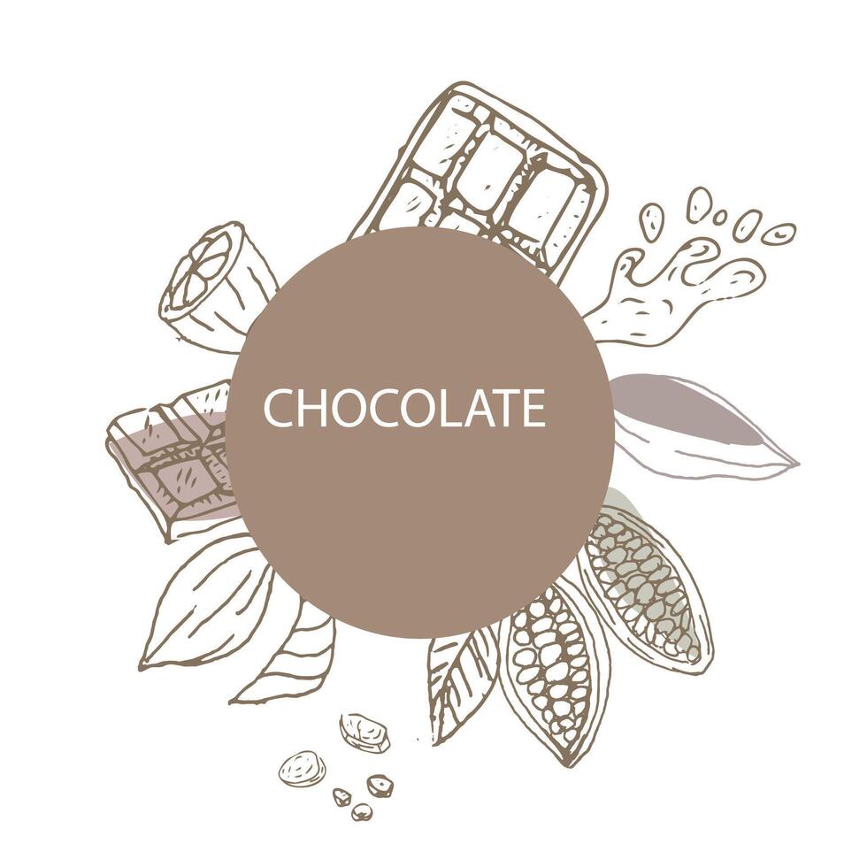 Cocoa beans and chocolate doodle background. Vector illustration isolated. Hand drawn outline vector illustration. Suitable for wrapping, packaging, poster. Chocolate sliced and cacao beans.