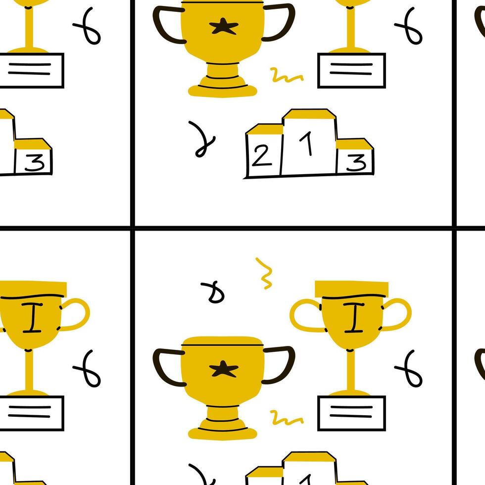 Doodle square background with golden award elements. Vector illustration isolated.