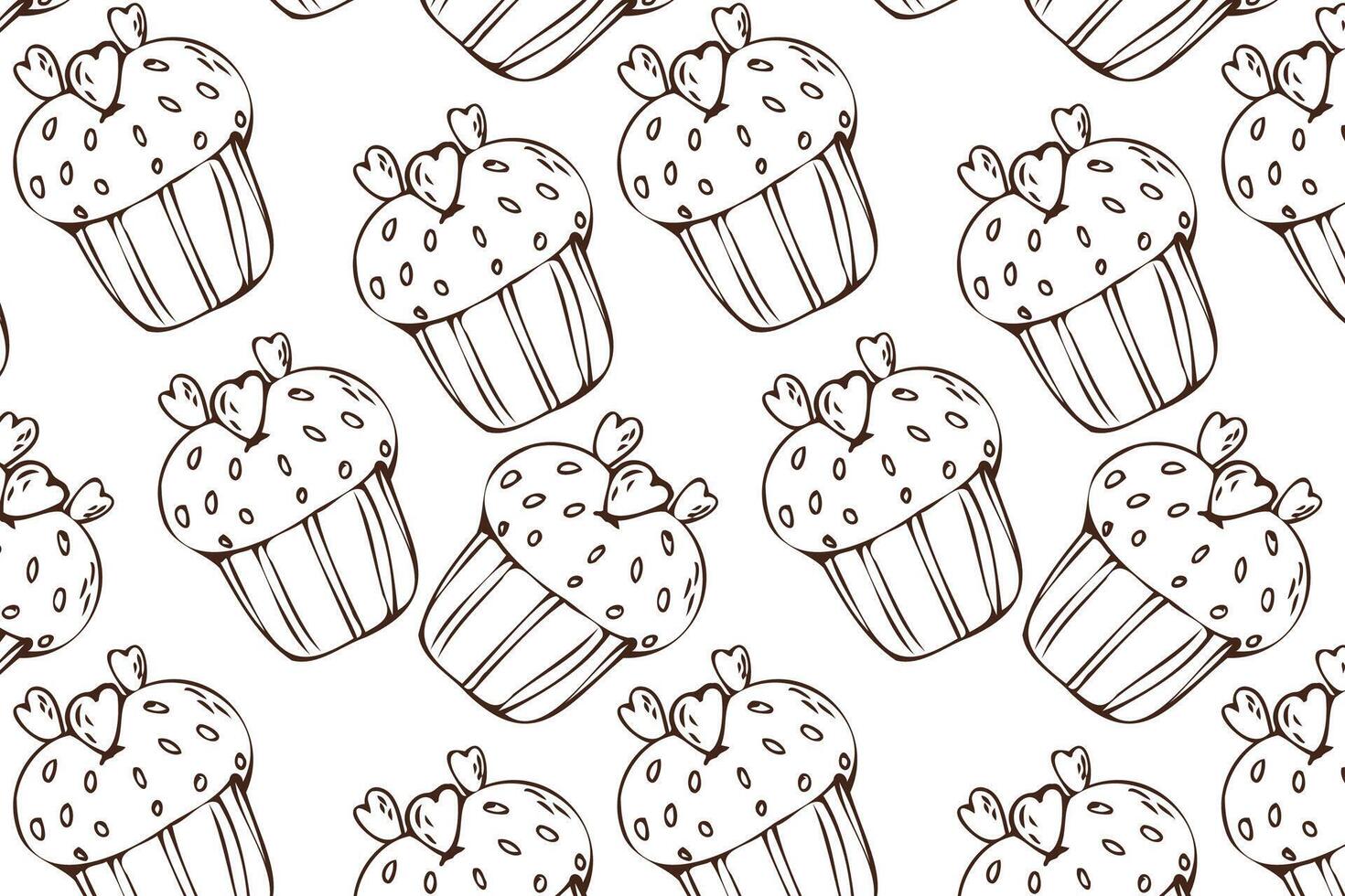 Hand drawn cupcake doodle background for bakery. Vector illustration isolated. Pattern can used for greeting card, invitation, menu background, poster, textile, wrapping paper, celebration banner