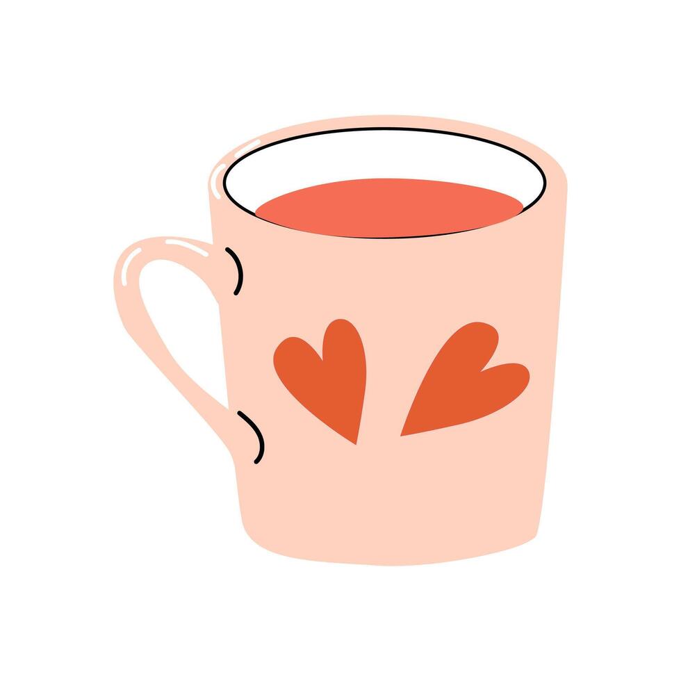 Romantic mug in pink color. Vector illustration isolated. mug with heart - romantic elements for valentines card.