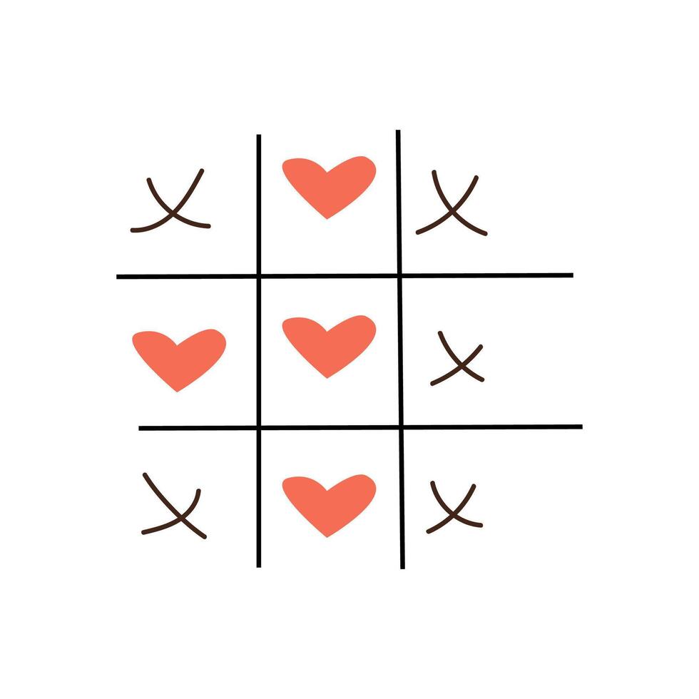 Tic tac toe game with criss cross and red heart. Vector illustration isolated. Can used for greeting card for valentines day.