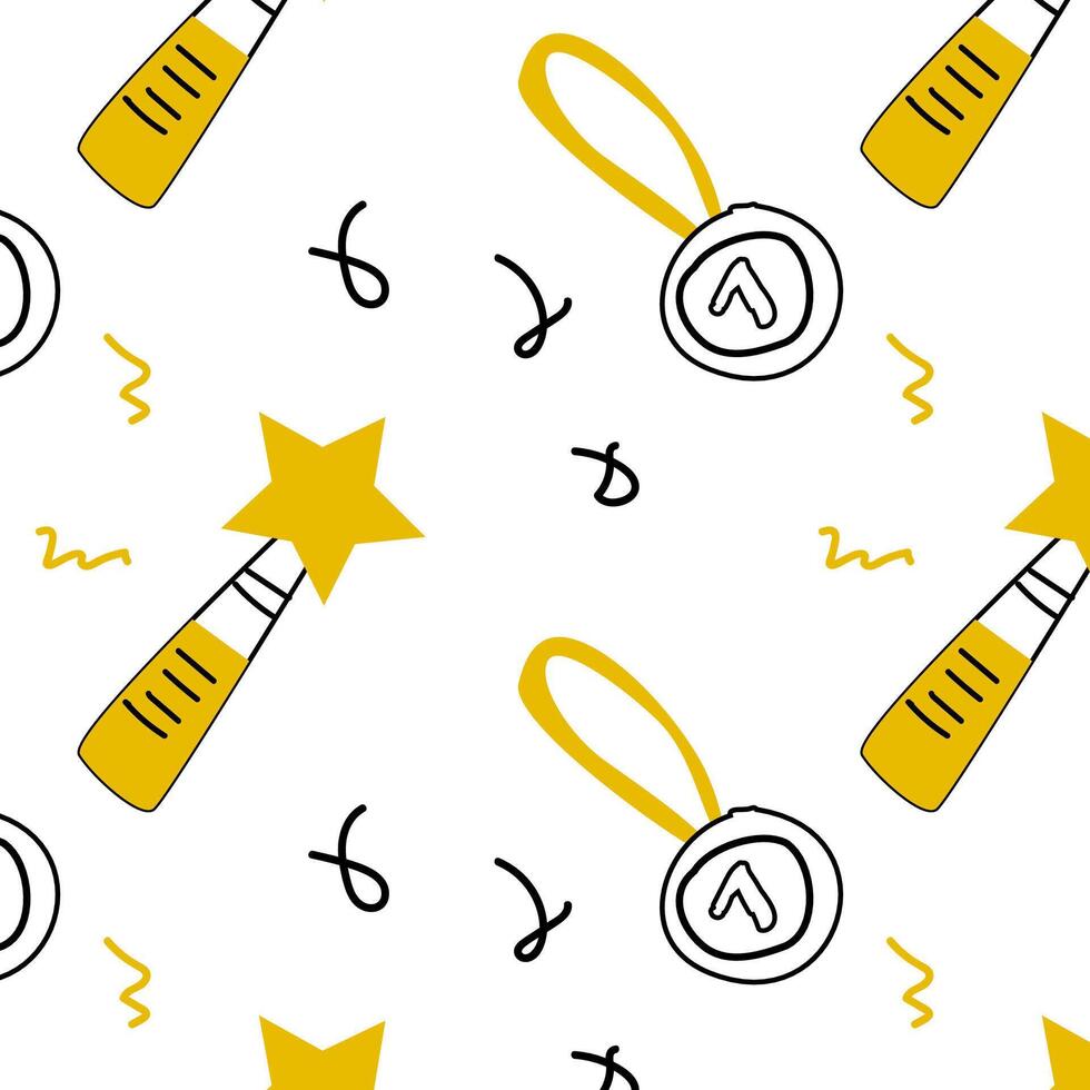 doodle background with prize and medal of first place. Vector illustration of winner concept background. Can used for wrapping paper, greeting card.