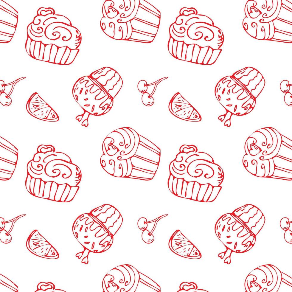 Doodle pink cupcake outline background for bakery. Vector illustration isolated. Pattern can used for greeting card, invitation, menu background, poster, textile, wrapping paper, celebration banner