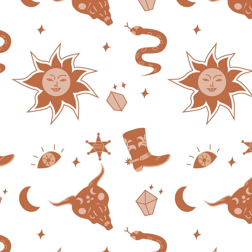 sun and cowboy boots boho background with crystal. Vector illustration isolated. Celestial western cowboy mystic design.