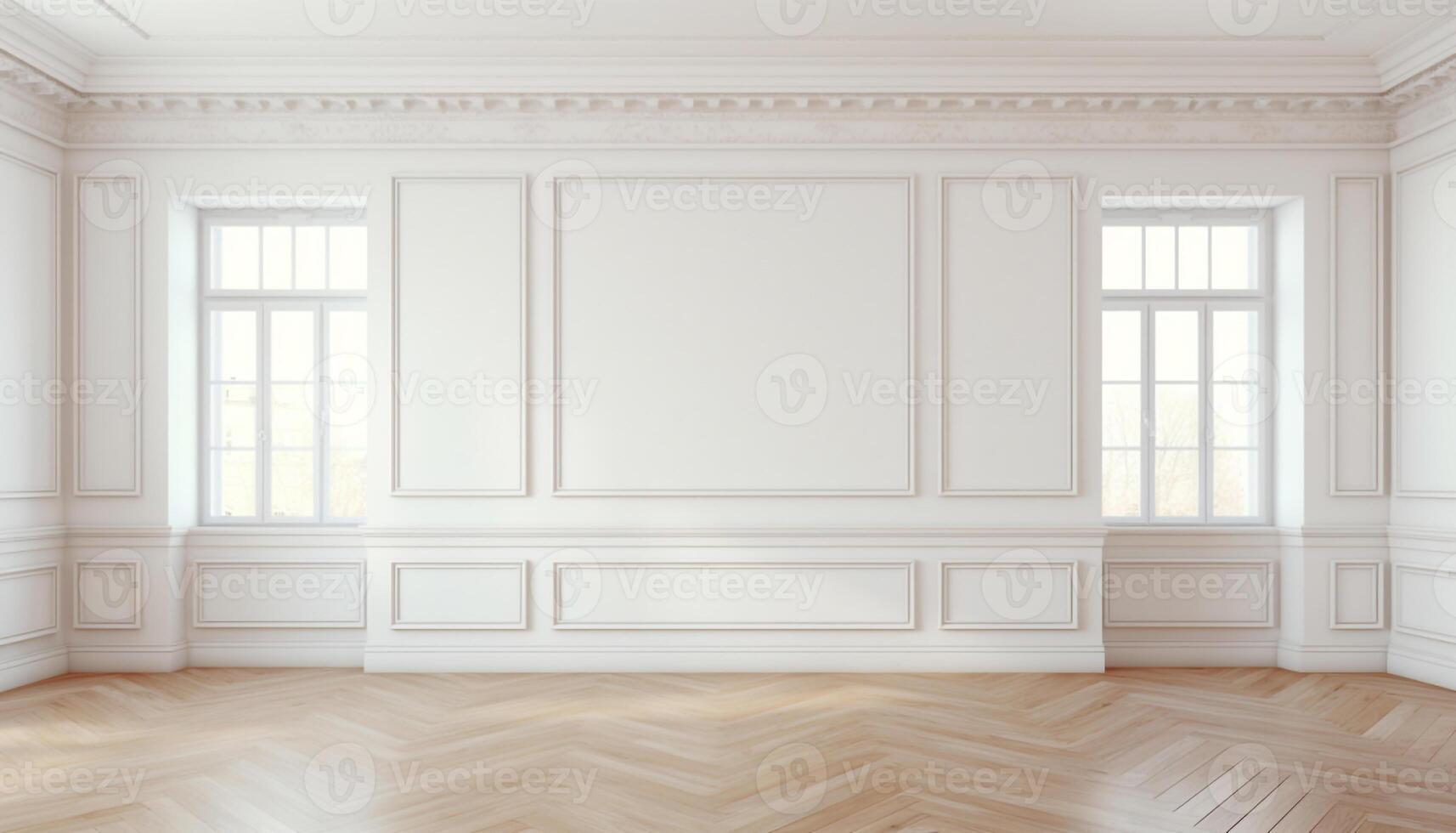 AI generated Empty room with sunlight shining, large window. White and gray gradient soft light background of studio for artwork design. photo