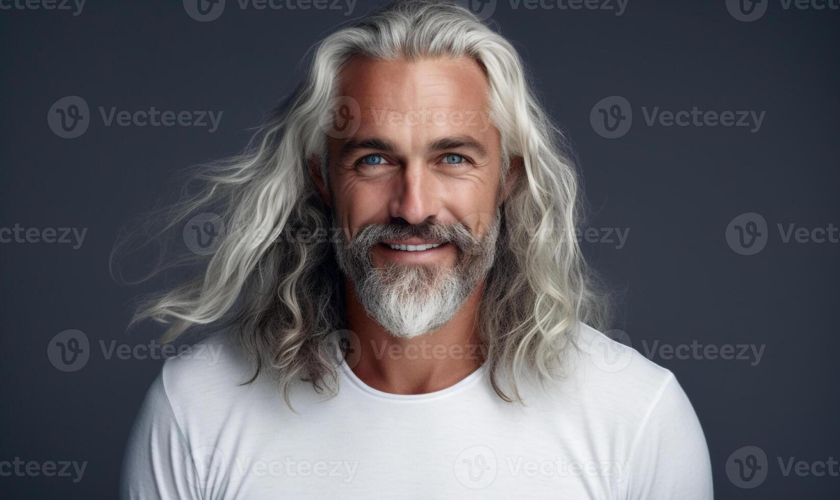 AI generated Smiling man with white long stylish hair isolated on gray background photo