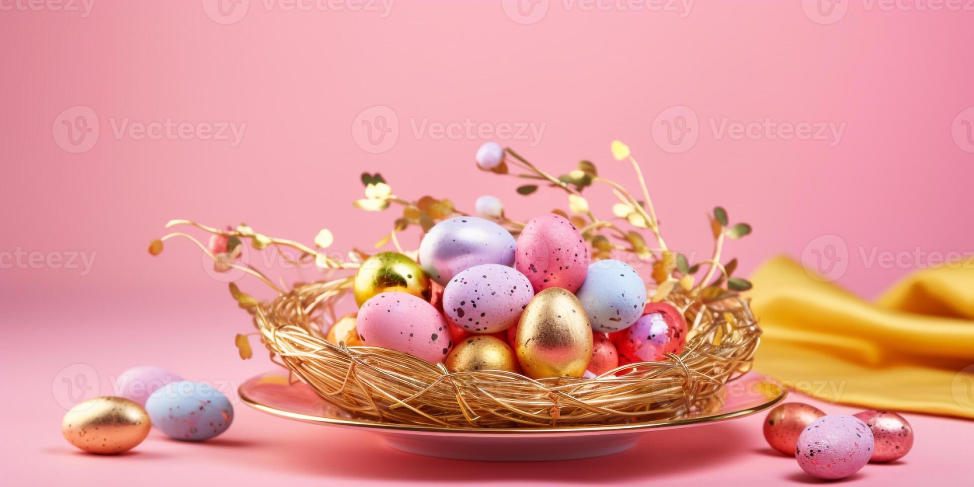 AI generated Rainbow and gold Easter eggs on table setting isolate on pink background. photo