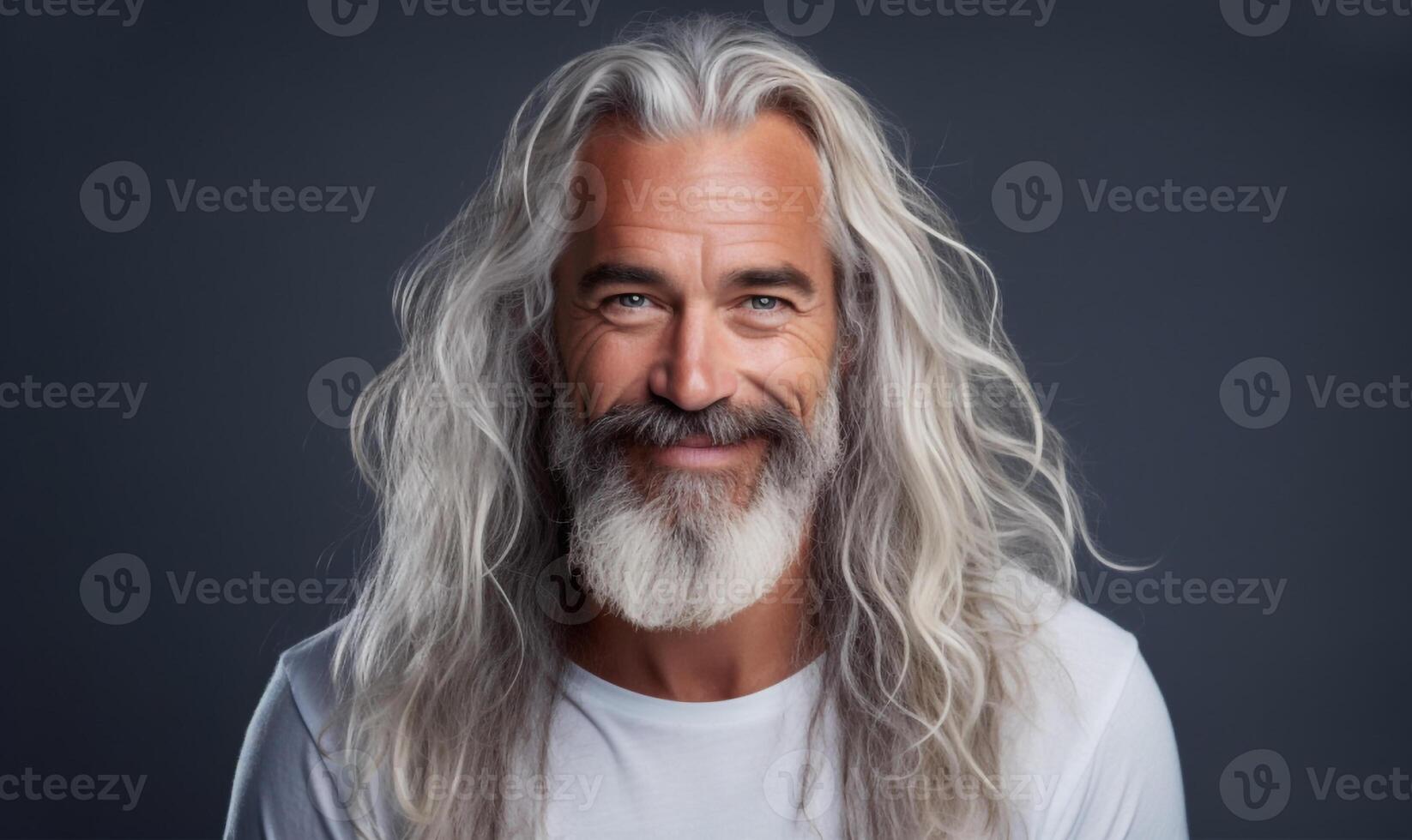AI generated Smiling man with white long stylish hair isolated on gray background photo
