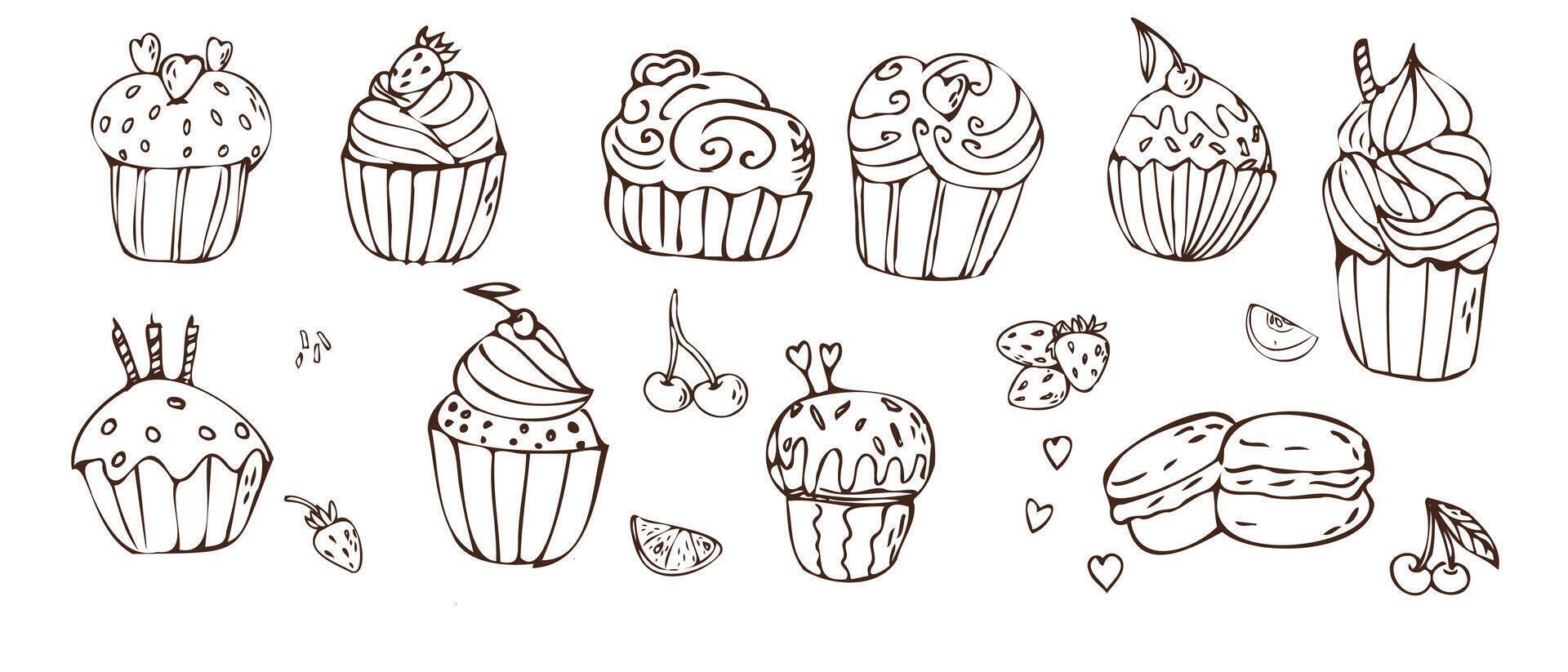 Doodle cupcake - sweet food and berry icons isolated. Vector illustration can used for bakery background, invitation card, poster, textile, banner, greeting card, invitation card, bakery design