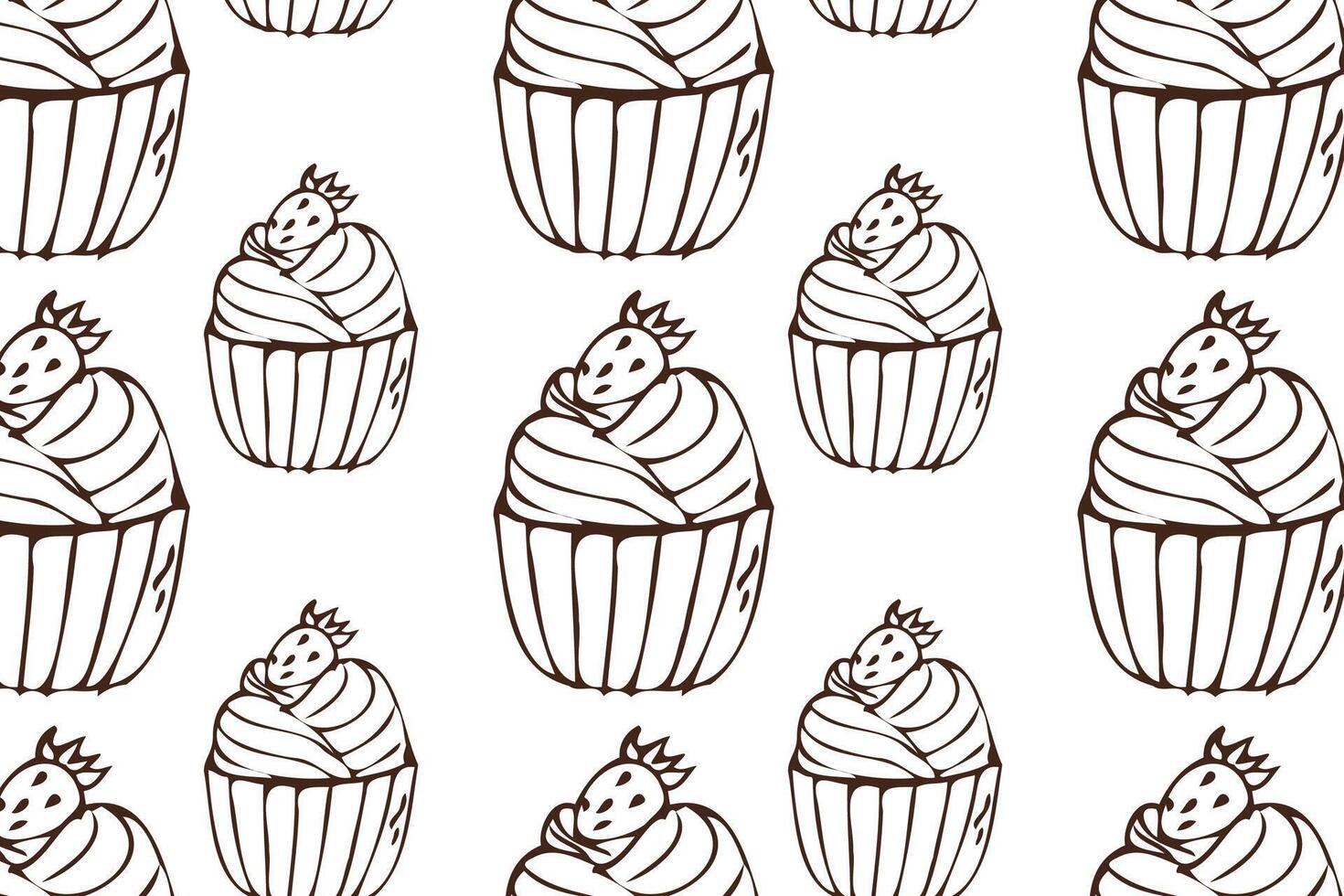 Hand drawn cupcake with cream and strawberry outline background. Vector illustration isolated. Pattern can used for greeting card, invitation, menu background, poster, textile, wrapping paper, celebration banner