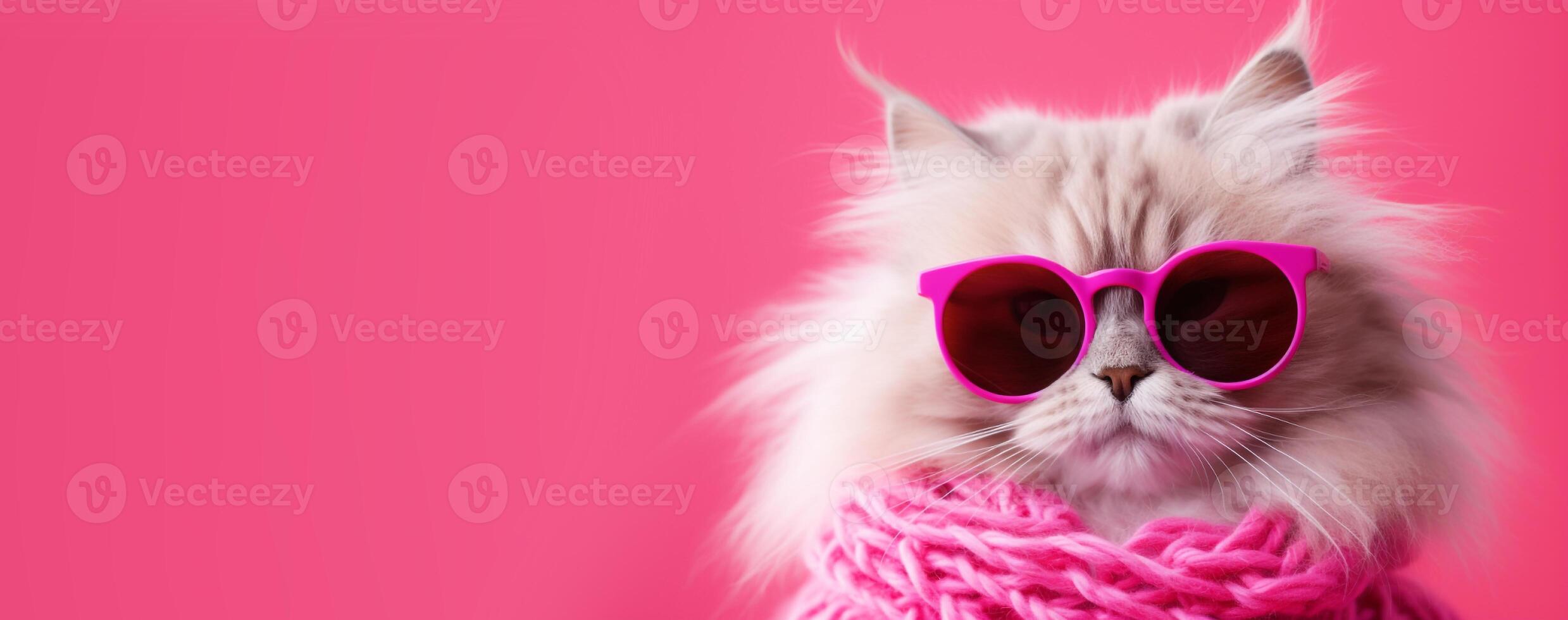 AI generated Banner of cute cat wearing pink yarn, sunglasses isolate on pink background. photo