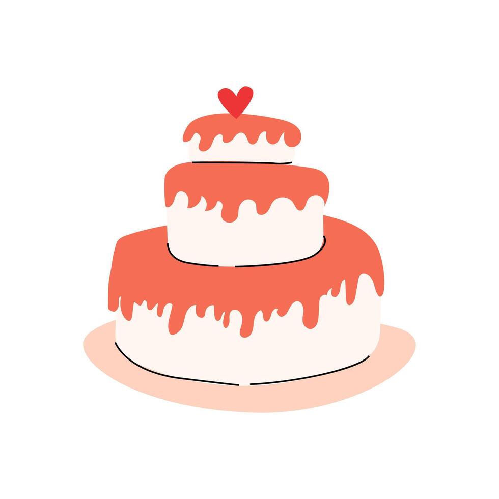 white cake with red cream and heart for anniversary, valentine holiday. Vector illustration isolated. Wedding cake doodle design. Can used for greeting card, invitation, celebration banner.