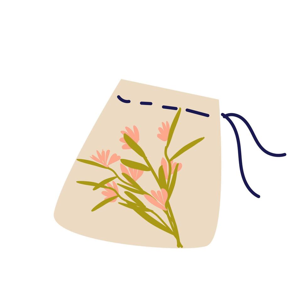 small fabric bag for reusable thing, cloth with flower. Vector illustration can used for ecology icon of zero waste concept. Pink flowers on small bag. Eco trendy vector illustration.