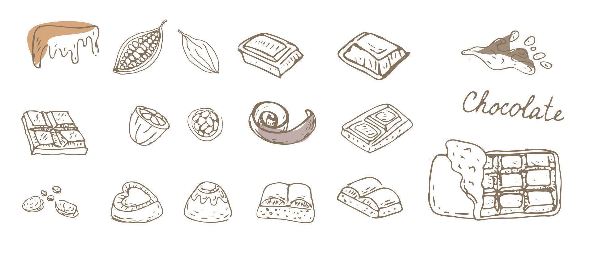 Cocoa beans doodle outline and chocolate set. Cacao Vector illustration sketch. Hand drawn outline vector illustration. Suitable for wrapping, packaging, poster. Chocolate sliced, chips and candy.