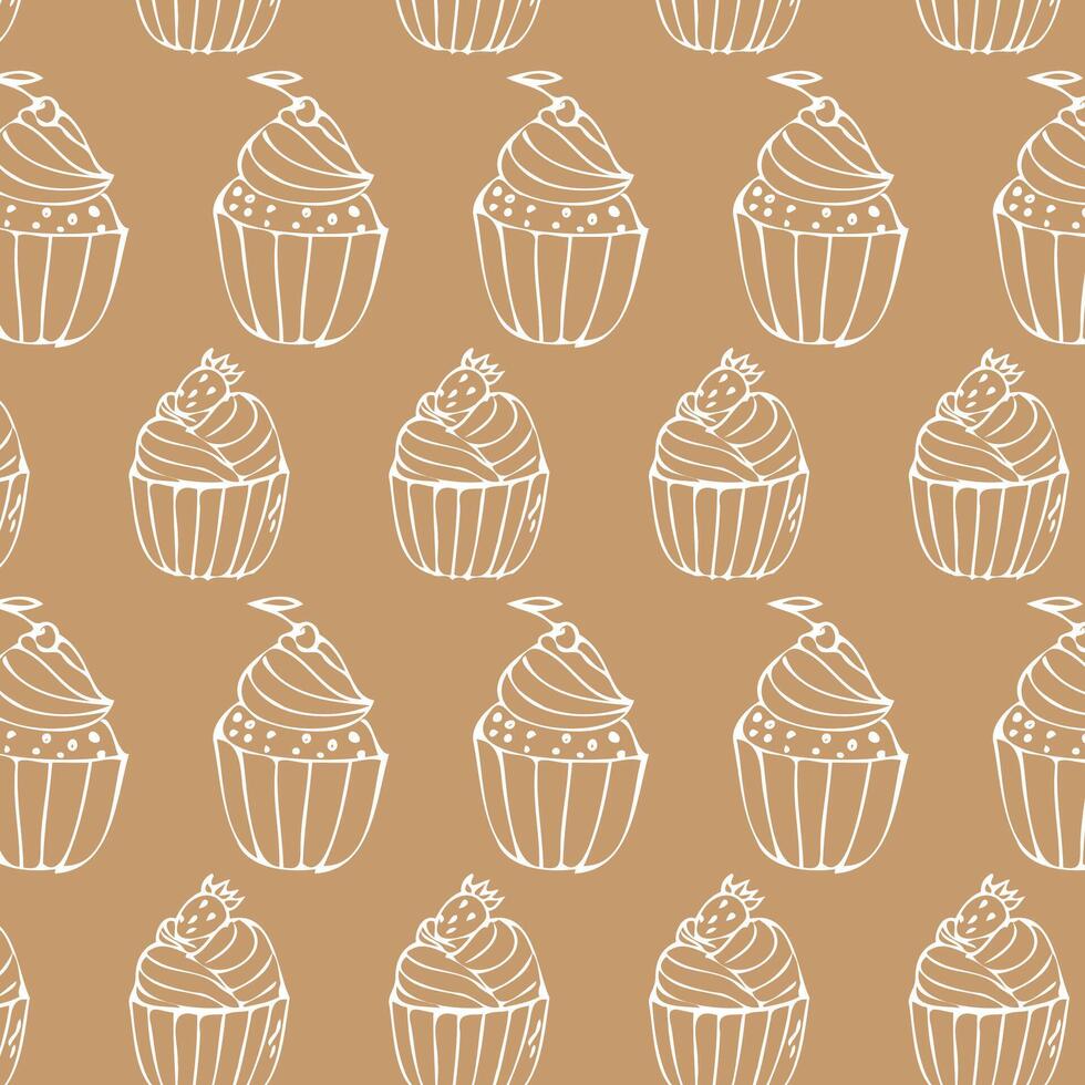 Hand drawn cherry and strawberry cupcake outline background pattern. Vector illustration isolated. Pattern can used for greeting card, menu background, textile, wrapping paper