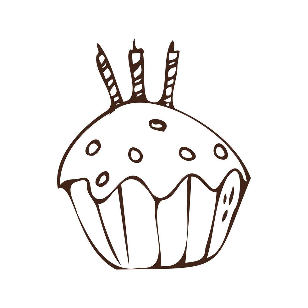 Doodle cupcake with candles outline - sweet food icon. Vector illustration can used for bakery background, invitation card, poster, textile, banner, greeting card, invitation card, bakery design