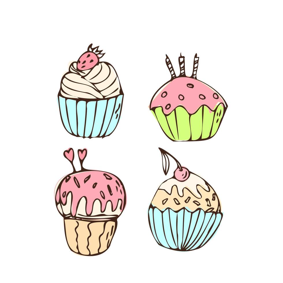 Doodle vintage cupcakes - sweet food icon isolated. Vector illustration can used for bakery background, invitation card, poster, textile, banner, greeting card, invitation card, bakery design