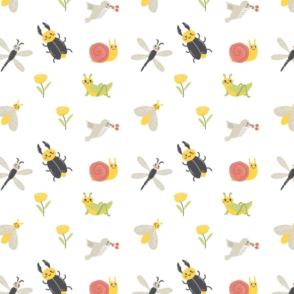 Cute insects dragonfly and beetle bug, snail background. Vector illustration can used for kids background, poster, print design, wallpapers.