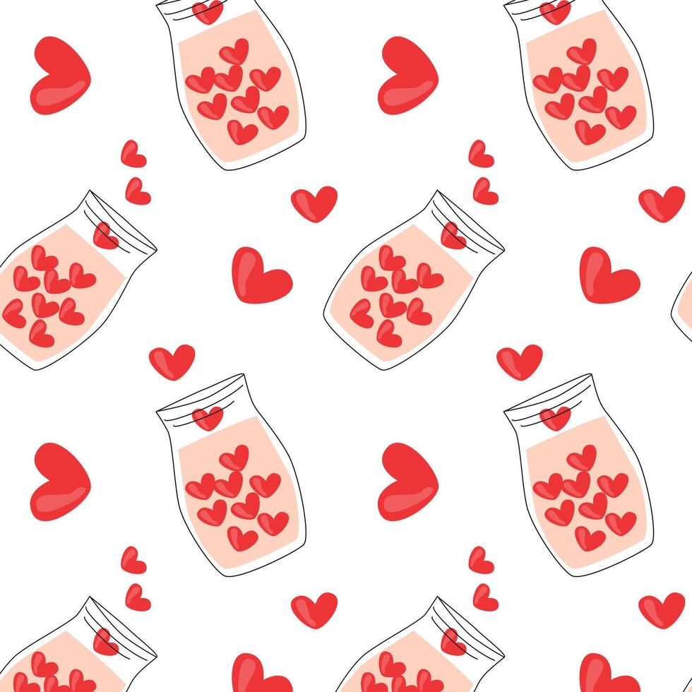 cute pink jar with heart - romantic background. Vector illustration can used for wrapping paper, cover design. Happy valentines day seamless pattern.