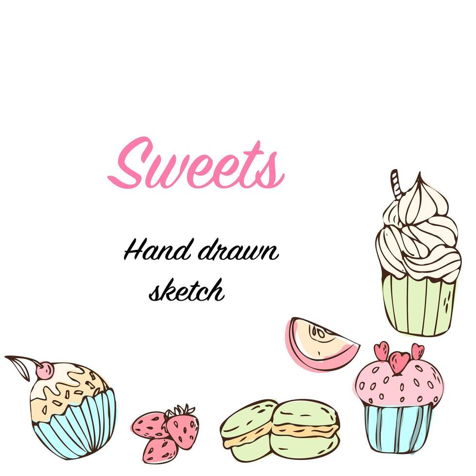 Hand drawn cupcake and macaroons, berry and fruits - sweets background. Vector illustration isolated. Banner can used for greeting card, invitation, menu background, wrapping paper, celebration banner