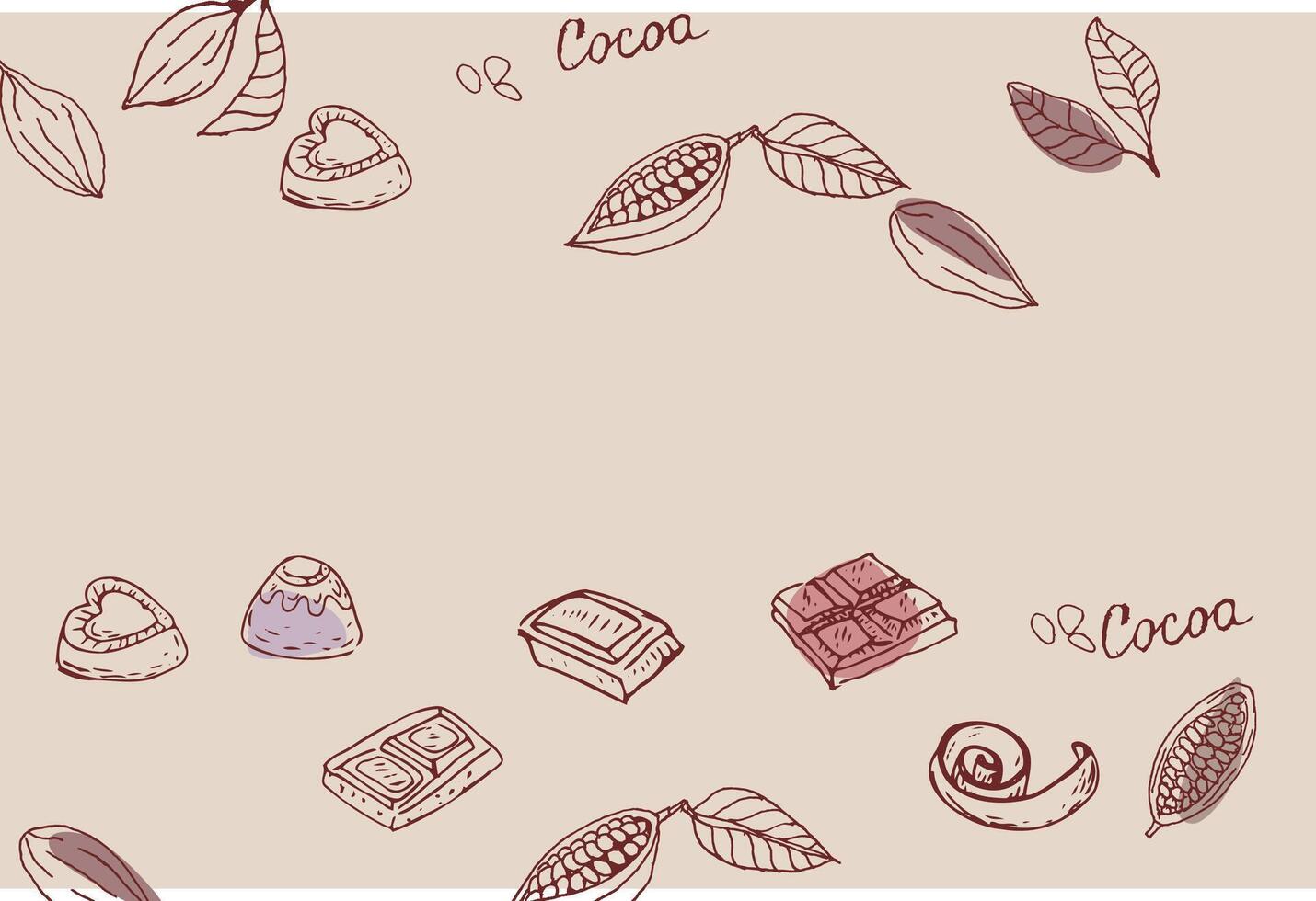 Cocoa beans doodle sketch and chocolate candy background. Hand drawn outline vector illustration. Suitable for wrapping, packaging, poster. Chocolate sliced, chips and candy, cacao beans.