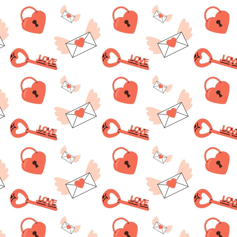 cute romantic doodle pattern with key and lock, letter. Vector illustration can used for wrapping paper, greeting card, banner, flyer, poster.