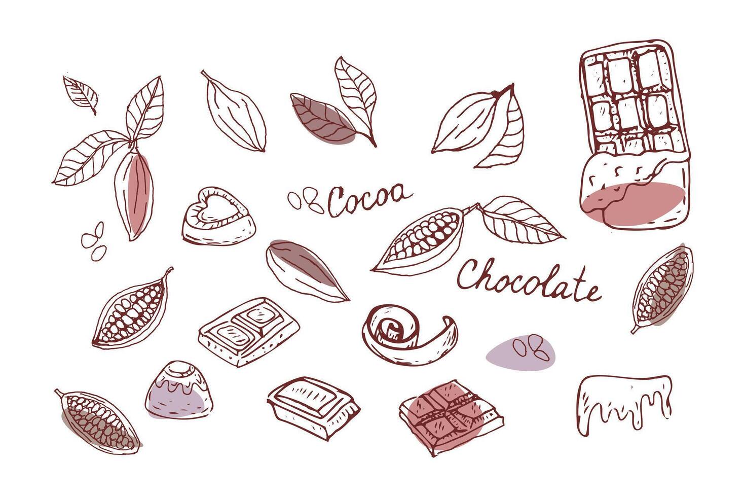 Doodle sketch chocolate and cocoa beans outline. Vector illustration with colored shapes. Hand drawn outline vector illustration. Suitable for wrapping, packaging, poster. Chocolate sliced, chips and candy.