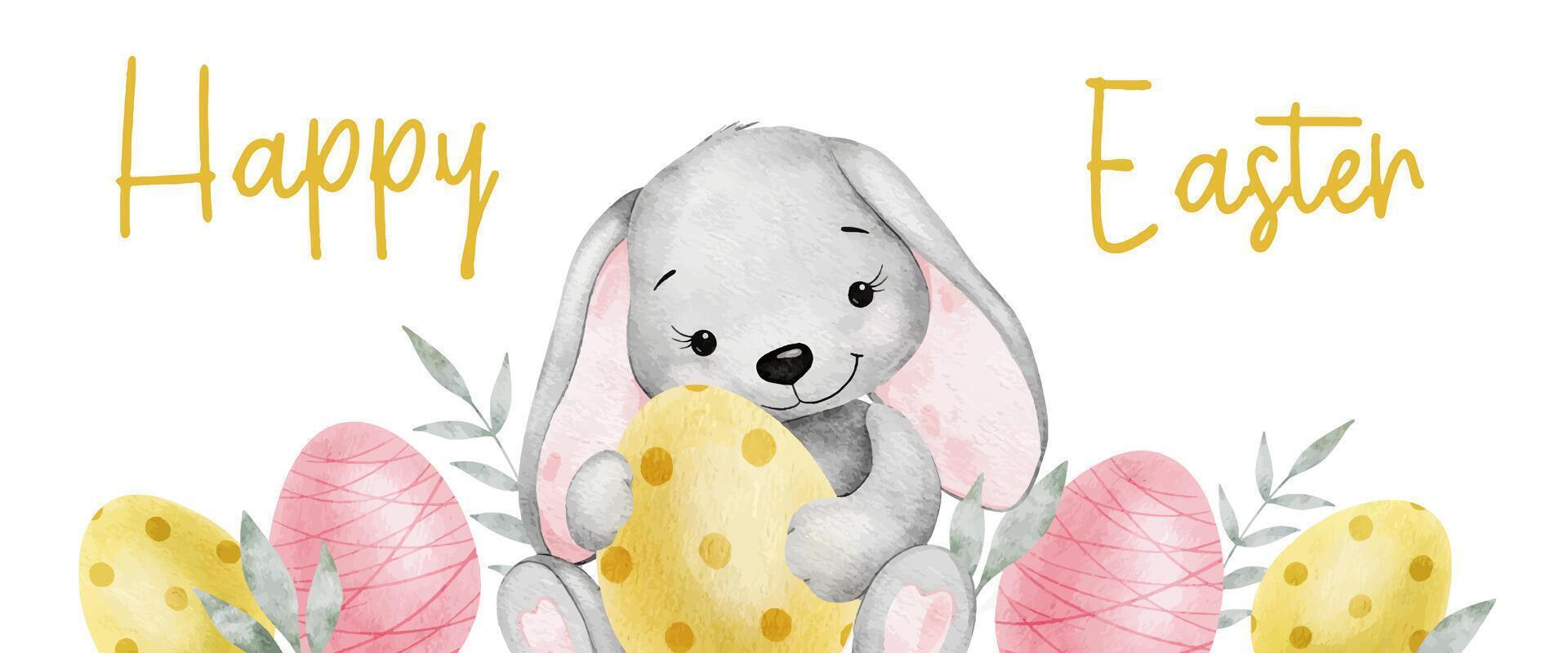 Happy Easter card with Easter rabbit, Easter eggs, leaves. Watercolor Paschal banner. Horizontal template for Easter cards, label, posters and invitations. vector