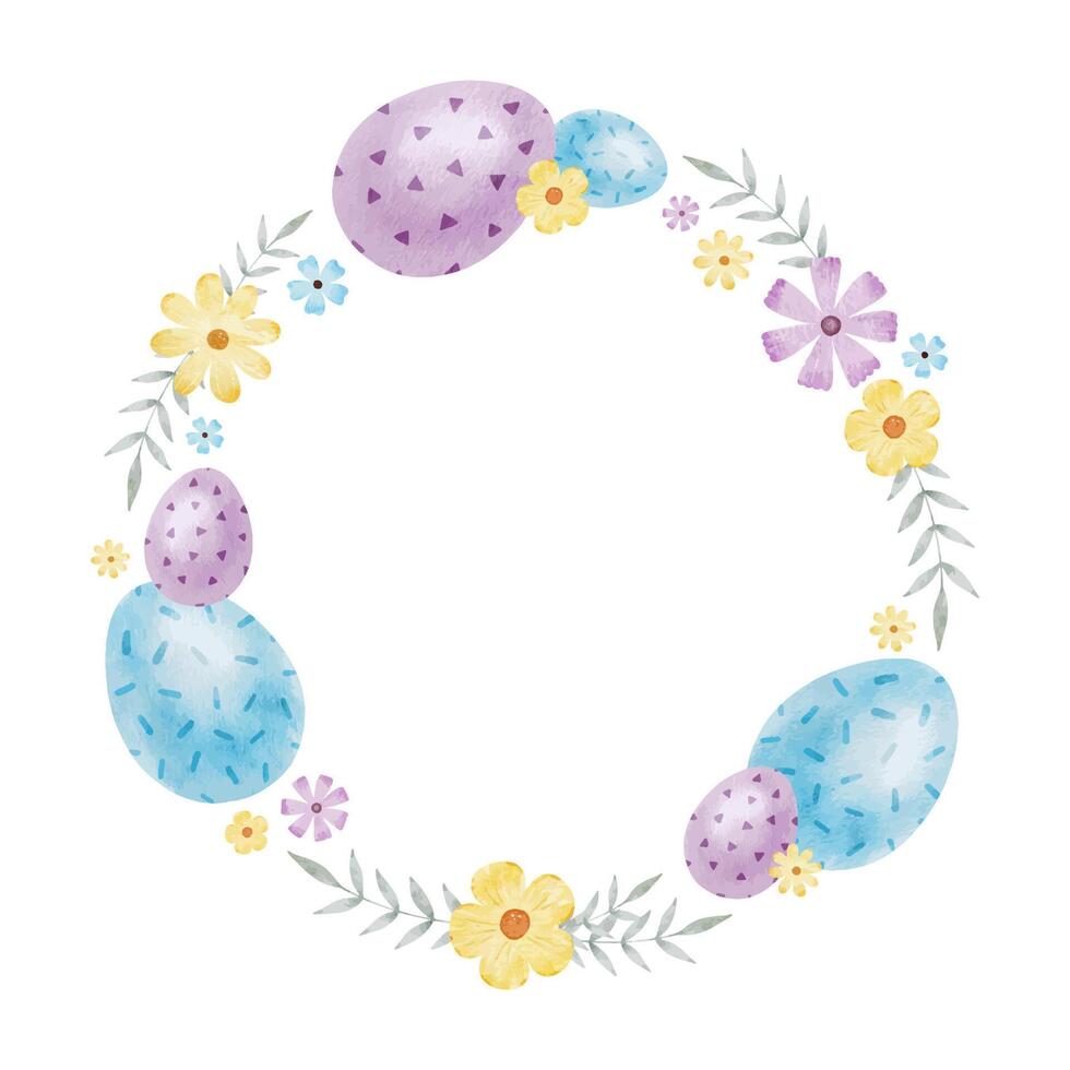 Frame of cute colorful Easter eggs, flowers and leaves. Paschal Concept with purple and blue Easter Eggs. Isolated watercolor illustration. Template for Easter cards, covers, posters and invitations. vector