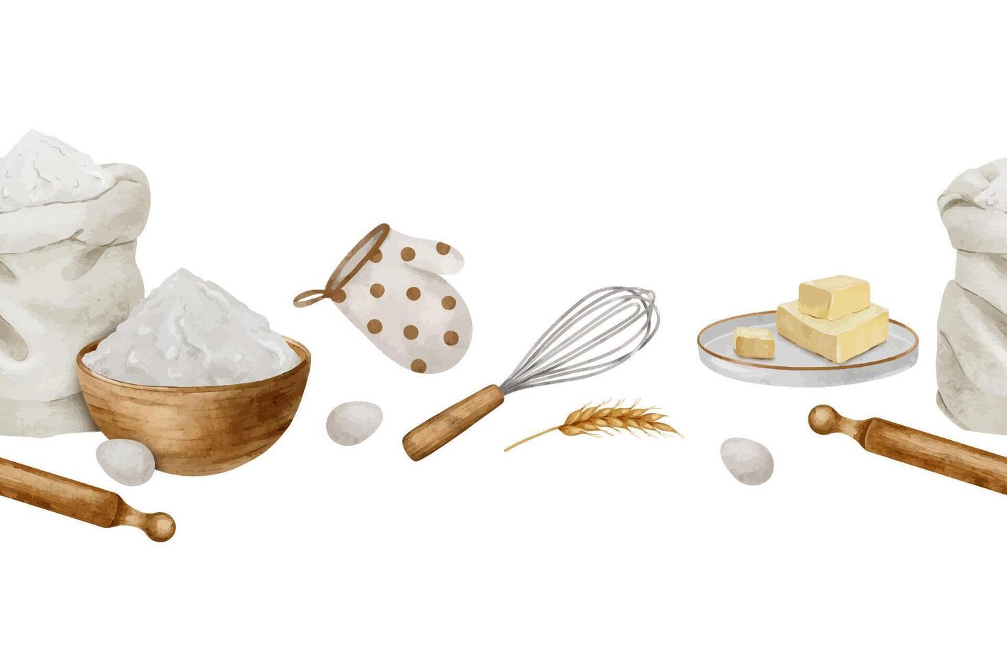 Flour in canvas bag and bowl, Rolling pin, Whisk, Butter, mitten vector