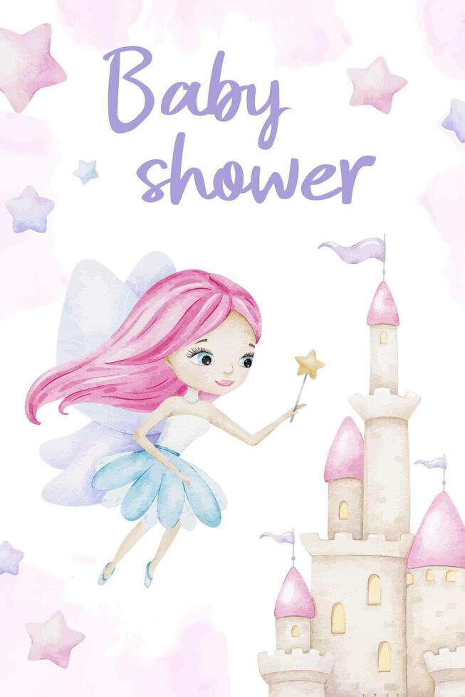 Little fairy with a magic wand, fairy tale castle and stars. Cute baby shower watercolor invitation card. New born celebration. Template of newborn's party invitation. vector